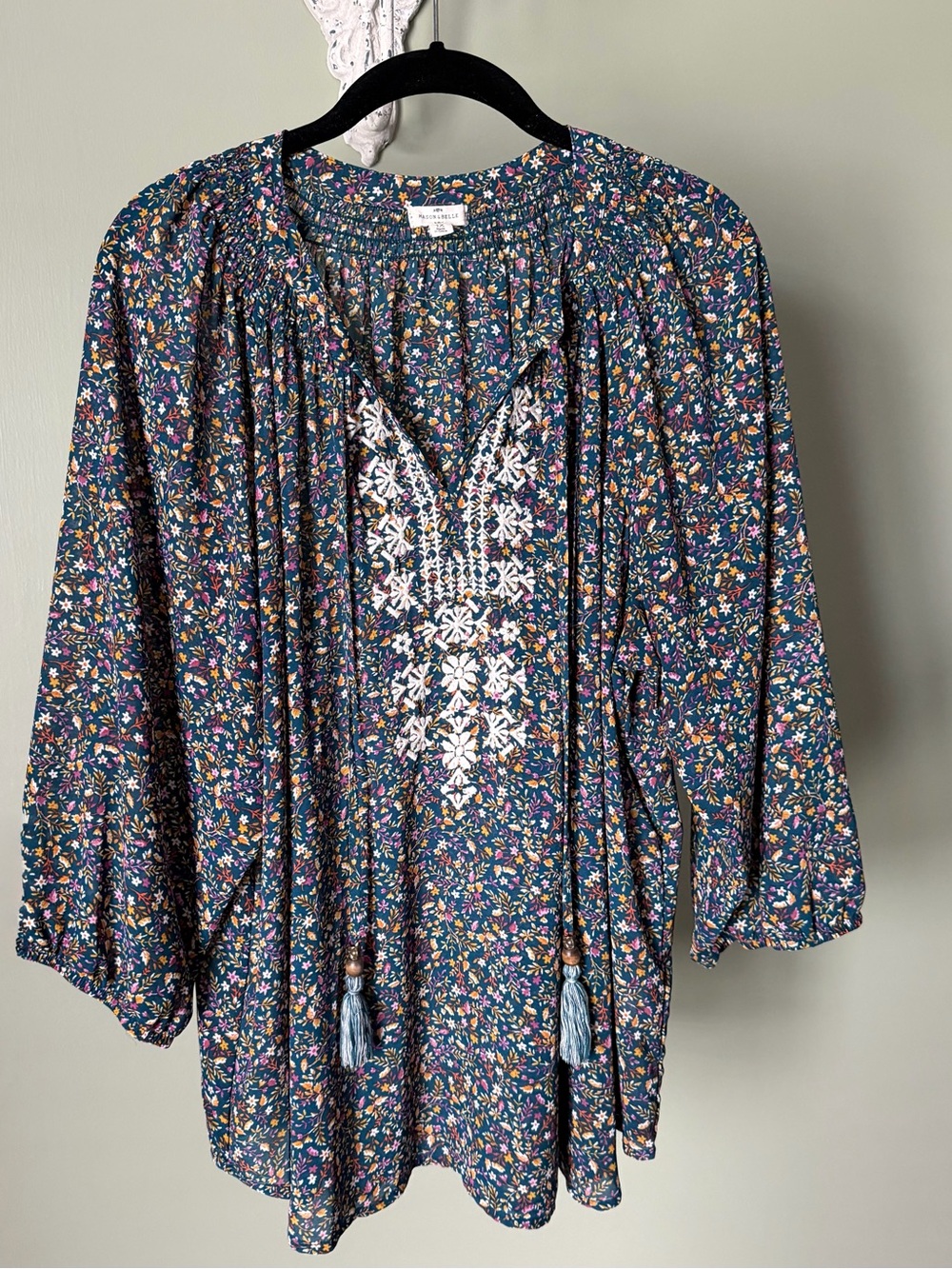 Floral Boho Peasant Blouse Embroidered Tassel Detail Long Sleeve